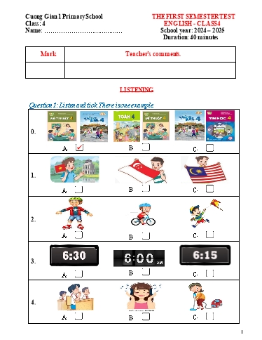 Đề kiểm tra cuối học kì I Tiếng Anh 4 năm học 2024-2025 trường Tiểu học Cương Gián 1