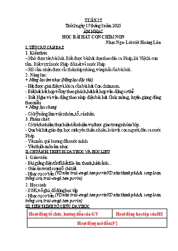 Kế hoạch bài dạy Âm nhạc 3 - Tuần 27 - Năm học 2024-2025 - Nguyễn Thị Thu Hiền