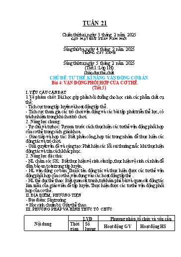 Kế hoạch bài dạy Đạo đức Khối 1+2 + Giáo dục thể chất Khối 1 - Tuần 21 - Năm học 2024-2025 - Đặng Thị Vân Anh