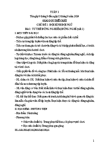 Kế hoạch bài dạy Giáo dục thể chất 1 - Tuần 1 - Năm học 2024-2025 - Trần Thị Hoài Nam