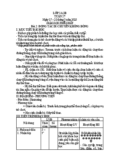 Kế hoạch bài dạy Giáo dục thể chất 1 - Tuần 27 - Năm học 2024-2025 - Trần Thị Hoài Nam