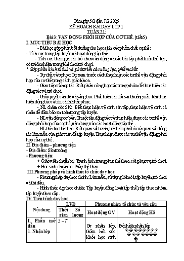 Kế hoạch bài dạy Giáo dục thể chất + Tự nhiên xã hội Lớp 1 - Tuần 21 - Năm học 2024-2025 - Trần Thị Hoài Nam