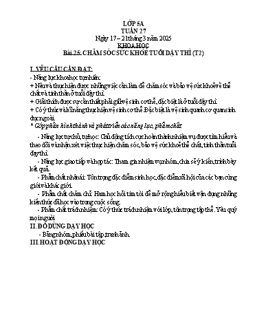 Kế hoạch bài dạy Khoa học 5 - Tuần 27 - Năm học 2024-2025 - Trần Thị Hoài Nam