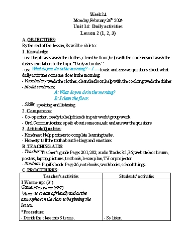 Kế hoạch bài dạy Lớp Tiếng Anh 4 - Tuần 24 - Năm học 2023-2024 - Nguyễn Thị Hồng Thắm