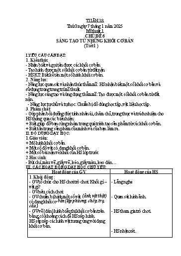 Kế hoạch bài dạy Mĩ thuật 1 - Tuần 18 - Năm học 2024-2025 - Phan Thị Huyên