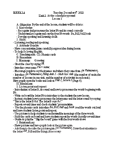 Kế hoạch bài dạy Tiếng Anh 1 - Tuần 14 - Năm học 2022-2023 - Nguyễn Thị Mỹ Hiền