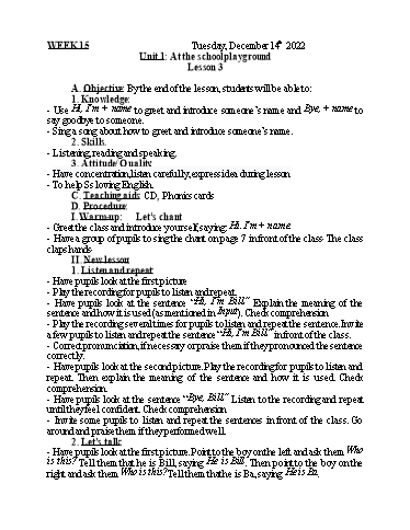 Kế hoạch bài dạy Tiếng Anh 1 - Tuần 15 - Năm học 2022-2023 - Nguyễn Thị Mỹ Hiền