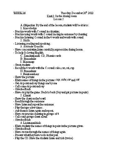 Kế hoạch bài dạy Tiếng Anh 1 - Tuần 16 - Năm học 2022-2023 - Nguyễn Thị Mỹ Hiền