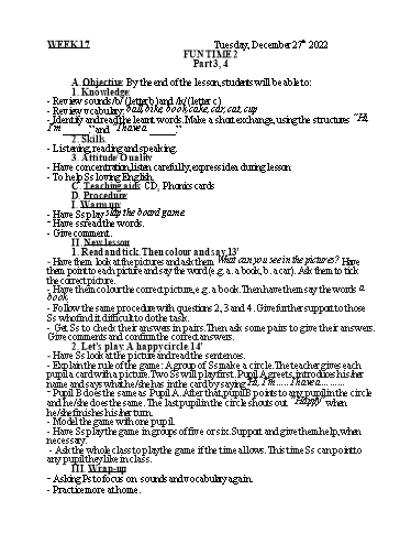 Kế hoạch bài dạy Tiếng Anh 1 - Tuần 17 - Năm học 2022-2023 - Nguyễn Thị Mỹ Hiền