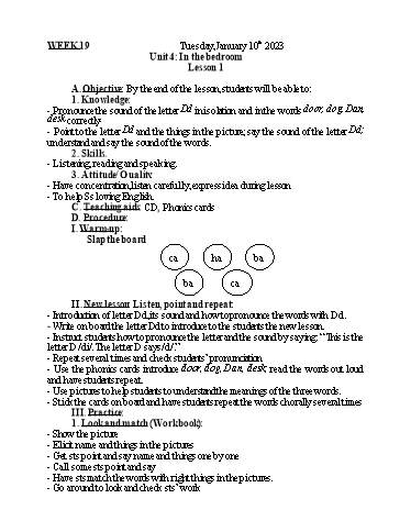 Kế hoạch bài dạy Tiếng Anh 1 - Tuần 19 - Năm học 2022-2023 - Nguyễn Thị Mỹ Hiền