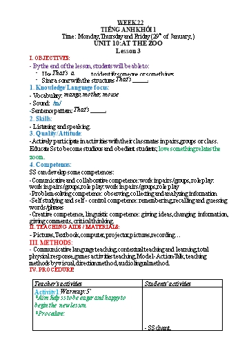Kế hoạch bài dạy Tiếng Anh 1 - Tuần 22 - Năm học 2023-2024 - Nguyễn Thị Hồng Thắm