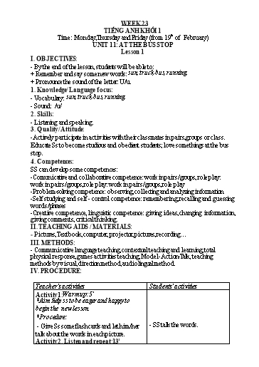 Kế hoạch bài dạy Tiếng Anh 1 - Tuần 23 - Năm học 2023-2024 - Nguyễn Thị Hồng Thắm