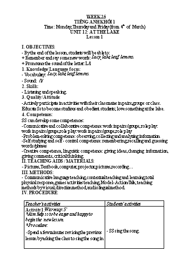 Kế hoạch bài dạy Tiếng Anh 1 - Tuần 25 - Năm học 2023-2024 - Nguyễn Thị Hồng Thắm