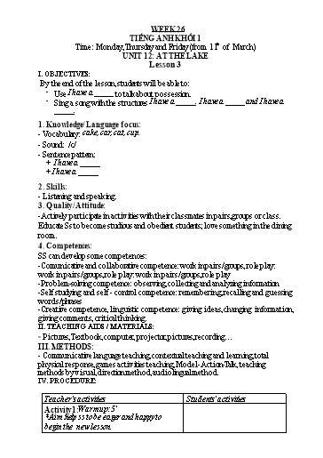 Kế hoạch bài dạy Tiếng Anh 1 - Tuần 27 - Năm học 2023-2024 - Nguyễn Thị Hồng Thắm