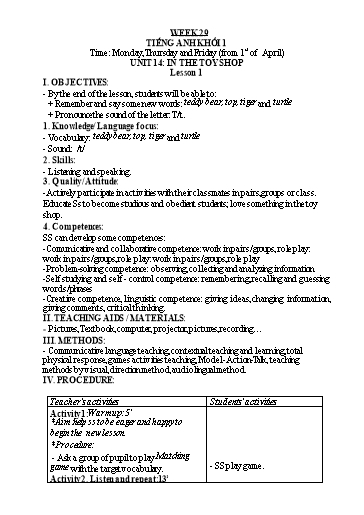 Kế hoạch bài dạy Tiếng Anh 1 - Tuần 29 - Năm học 2023-2024 - Nguyễn Thị Hồng Thắm