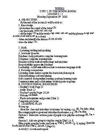 Kế hoạch bài dạy Tiếng Anh 1 - Tuần 3 - Năm học 2023-2024 - Nguyễn Thị Hồng Thắm