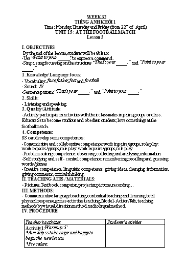 Kế hoạch bài dạy Tiếng Anh 1 - Tuần 32 - Năm học 2023-2024 - Nguyễn Thị Hồng Thắm