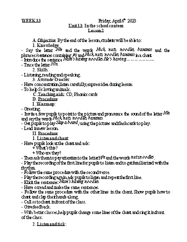 Kế hoạch bài dạy Tiếng Anh 1 - Tuần 33 - Năm học 2022-2023 - Nguyễn Thị Mỹ Hiền