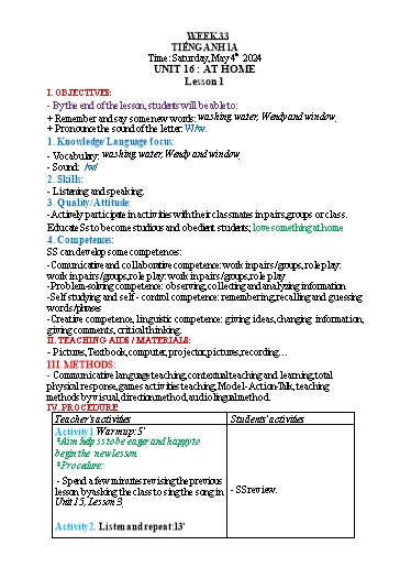 Kế hoạch bài dạy Tiếng Anh 1 - Tuần 33 - Năm học 2023-2024 - Nguyễn Thị Hồng Thắm