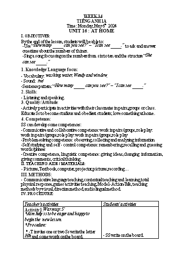 Kế hoạch bài dạy Tiếng Anh 1 - Tuần 34 - Năm học 2023-2024 - Nguyễn Thị Hồng Thắm
