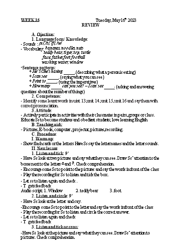Kế hoạch bài dạy Tiếng Anh 1 - Tuần 35 - Năm học 2022-2023 - Nguyễn Thị Mỹ Hiền