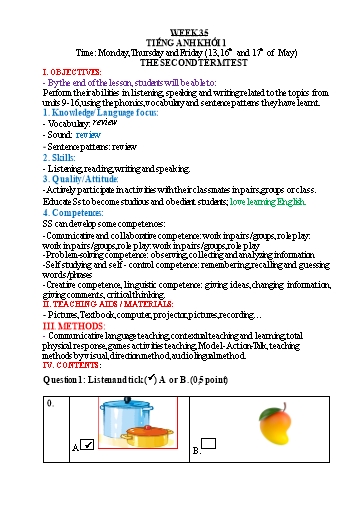 Kế hoạch bài dạy Tiếng Anh 1 - Tuần 35 - Năm học 2023-2024 - Nguyễn Thị Hồng Thắm