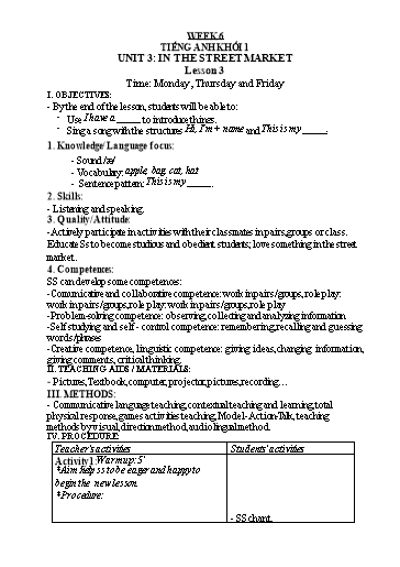 Kế hoạch bài dạy Tiếng Anh 1 - Tuần 6 - Năm học 2023-2024 - Nguyễn Thị Hồng Thắm