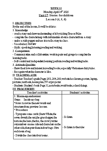Kế hoạch bài dạy Tiếng Anh 1+3+5 - Tuần 31 - Năm học 2024-2025 - Nguyễn Thị Hồng Thắm