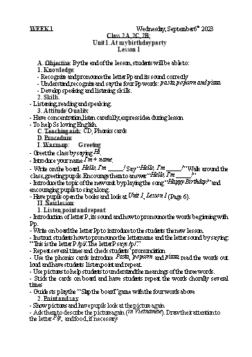 Kế hoạch bài dạy Tiếng Anh 2 - Tuần 1 - Năm học 2023-2024 - Nguyễn Thị Mỹ Hiền
