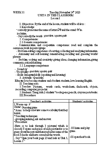 Kế hoạch bài dạy Tiếng Anh 2 - Tuần 11 - Năm học 2023-2024 - Nguyễn Thị Mỹ Hiền