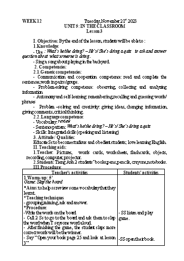 Kế hoạch bài dạy Tiếng Anh 2 - Tuần 12 - Năm học 2023-2024 - Nguyễn Thị Mỹ Hiền