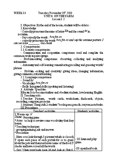 Kế hoạch bài dạy Tiếng Anh 2 - Tuần 13 - Năm học 2023-2024 - Nguyễn Thị Mỹ Hiền