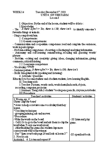 Kế hoạch bài dạy Tiếng Anh 2 - Tuần 14 - Năm học 2023-2024 - Nguyễn Thị Mỹ Hiền