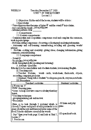 Kế hoạch bài dạy Tiếng Anh 2 - Tuần 15 - Năm học 2023-2024 - Nguyễn Thị Mỹ Hiền