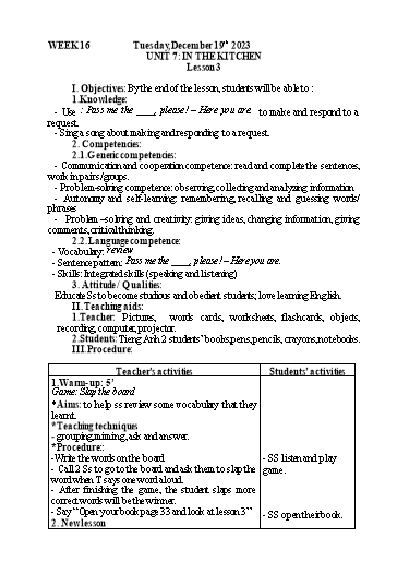 Kế hoạch bài dạy Tiếng Anh 2 - Tuần 16 - Năm học 2023-2024 - Nguyễn Thị Mỹ Hiền