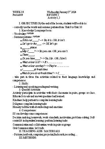 Kế hoạch bài dạy Tiếng Anh 2 - Tuần 18 - Năm học 2023-2024 - Nguyễn Thị Mỹ Hiền