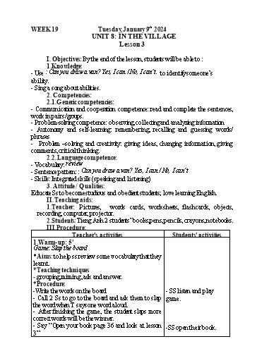 Kế hoạch bài dạy Tiếng Anh 2 - Tuần 19 - Năm học 2023-2024 - Nguyễn Thị Mỹ Hiền