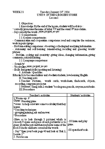 Kế hoạch bài dạy Tiếng Anh 2 - Tuần 21 - Năm học 2023-2024 - Nguyễn Thị Mỹ Hiền