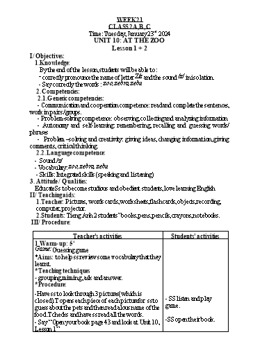 Kế hoạch bài dạy Tiếng Anh 2 - Tuần 21 - Năm học 2023-2024 - Nguyễn Thị Hồng Thắm