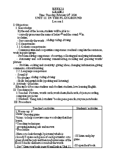 Kế hoạch bài dạy Tiếng Anh 2 - Tuần 23 - Năm học 2023-2024 - Nguyễn Thị Hồng Thắm
