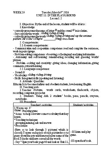 Kế hoạch bài dạy Tiếng Anh 2 - Tuần 25 - Năm học 2023-2024 - Nguyễn Thị Mỹ Hiền