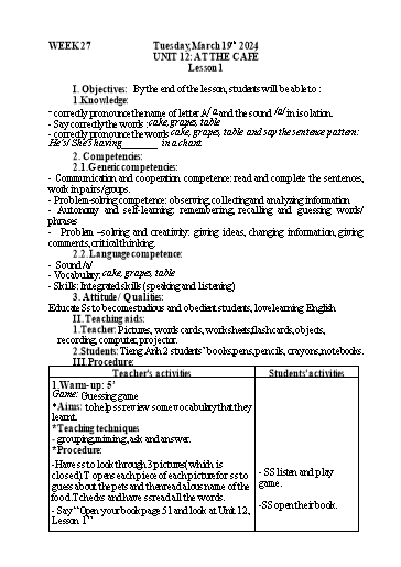 Kế hoạch bài dạy Tiếng Anh 2 - Tuần 27 - Năm học 2023-2024 - Nguyễn Thị Mỹ Hiền