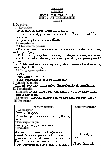 Kế hoạch bài dạy Tiếng Anh 2 - Tuần 27 - Năm học 2023-2024 - Nguyễn Thị Hồng Thắm