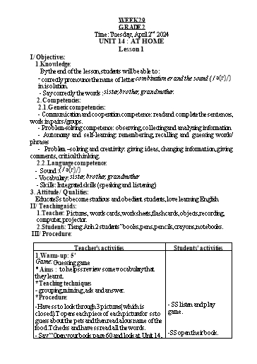 Kế hoạch bài dạy Tiếng Anh 2 - Tuần 29 - Năm học 2023-2024 - Nguyễn Thị Hồng Thắm