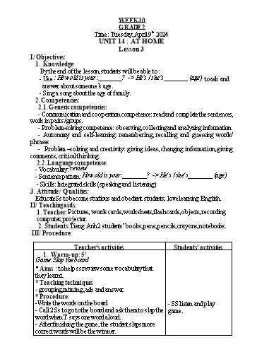 Kế hoạch bài dạy Tiếng Anh 2 - Tuần 30 - Năm học 2023-2024 - Nguyễn Thị Hồng Thắm
