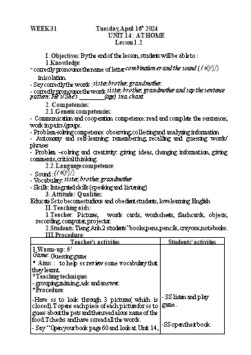 Kế hoạch bài dạy Tiếng Anh 2 - Tuần 31 - Năm học 2023-2024 - Nguyễn Thị Mỹ Hiền