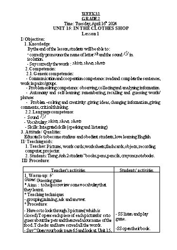 Kế hoạch bài dạy Tiếng Anh 2 - Tuần 31 - Năm học 2023-2024 - Nguyễn Thị Hồng Thắm