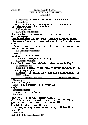 Kế hoạch bài dạy Tiếng Anh 2 - Tuần 32 - Năm học 2023-2024 - Nguyễn Thị Mỹ Hiền