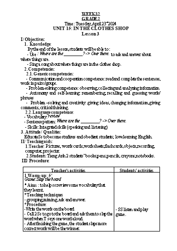 Kế hoạch bài dạy Tiếng Anh 2 - Tuần 32 - Năm học 2023-2024 - Nguyễn Thị Hồng Thắm