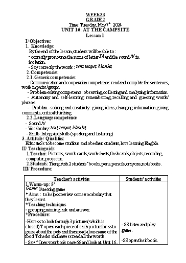 Kế hoạch bài dạy Tiếng Anh 2 - Tuần 33 - Năm học 2023-2024 - Nguyễn Thị Hồng Thắm